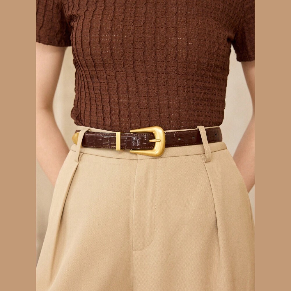 Brown Croc-Embossed Faux Leather Gold Horseshoe Buckle Dual-Loop Belt